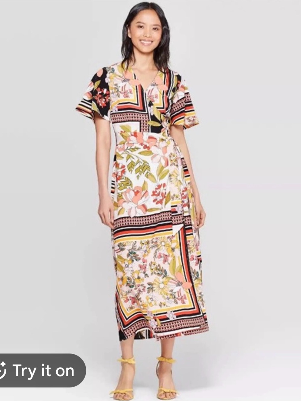 Who What Wear Patchwork Floral Midi Dress in Black, White, Pink and Yellow
